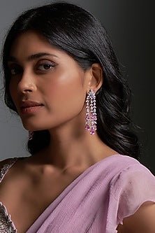White Finish Pink Swarovski Zirconia Dangler Earrings In Sterling Silver
