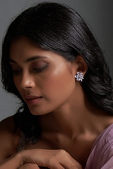White Finish Swarovski Zirconia Stud Earrings In Sterling Silver