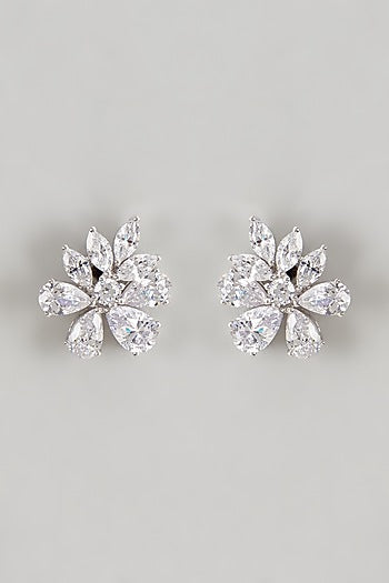 White Finish Swarovski Zirconia Stud Earrings In Sterling Silver