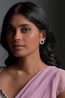 White Finish Sapphire Synthetic & Swarovski Zirconia Stud Earrings In Sterling Silver