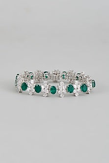White Finish Emerald Synthetic & Swarovski Zirconia Tennis Bracelet In Sterling Silver