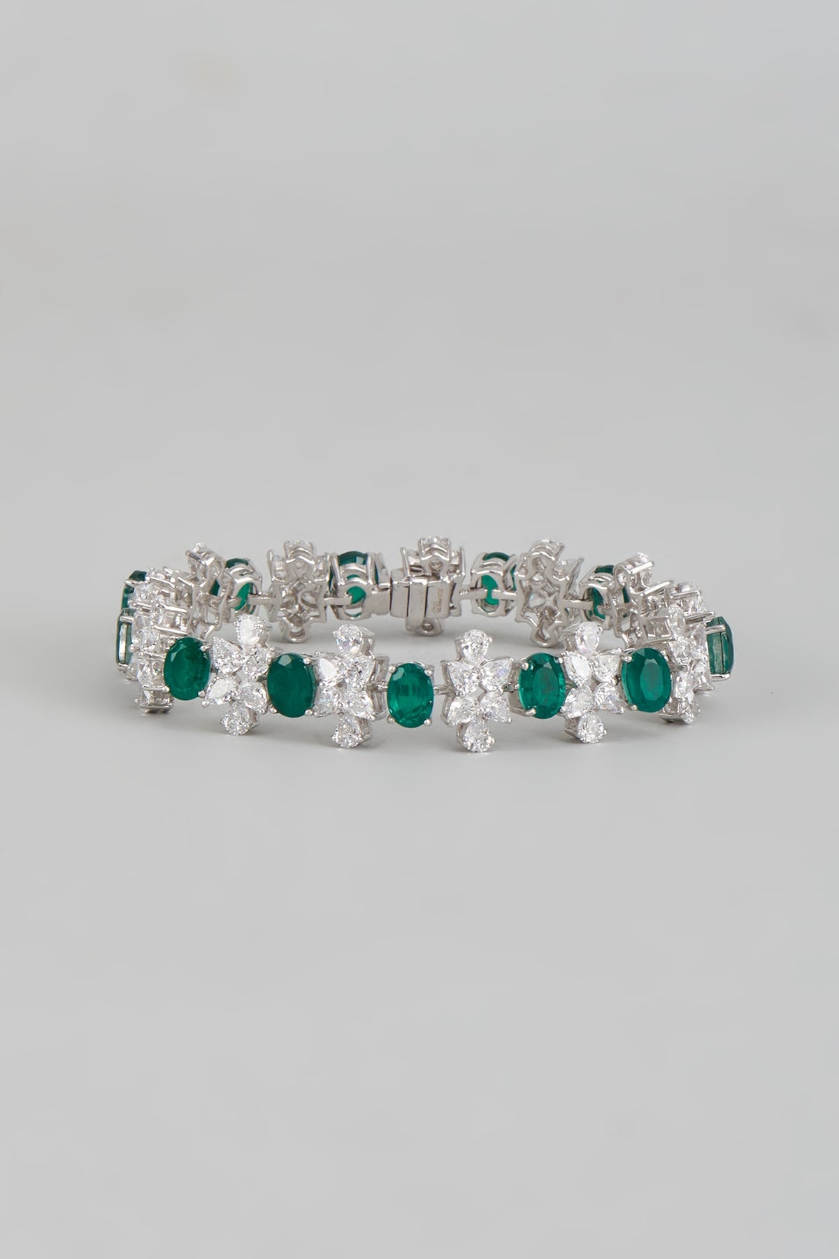 White Finish Emerald Synthetic & Swarovski Zirconia Tennis Bracelet In Sterling Silver