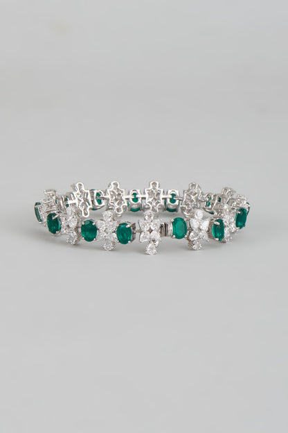 White Finish Emerald Synthetic & Swarovski Zirconia Tennis Bracelet In Sterling Silver