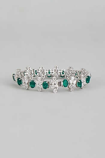 White Finish Emerald Synthetic & Swarovski Zirconia Tennis Bracelet In Sterling Silver