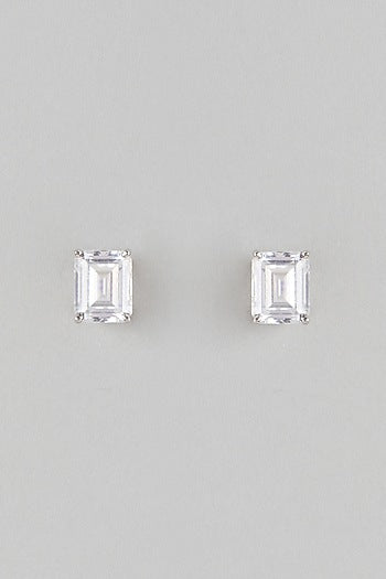 White Finish White Stone Stud Earrings In Sterling Silver