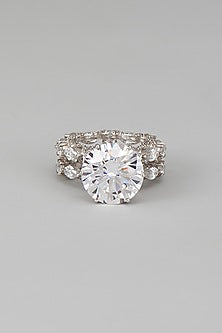 White Finish Swarovski Zircon Round Cut Ring In Sterling Silver