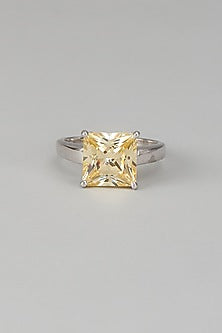 White Finish Swarovski Zircon Princess Shaped Ring In Sterling Silver
