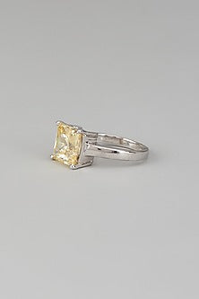 White Finish Swarovski Zircon Princess Shaped Ring In Sterling Silver