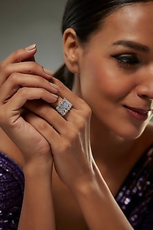 White Finish Swarovski Zircon Mix Cut Ring In Sterling Silver