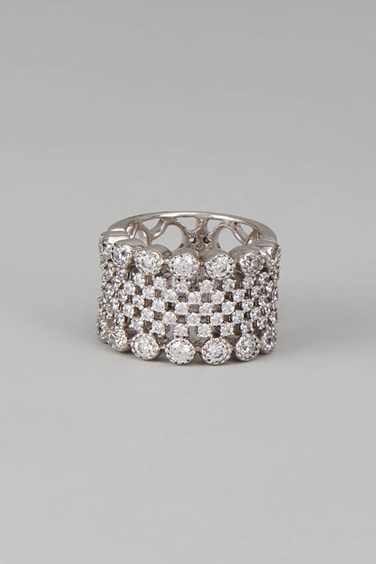 White Finish Swarovski Zircon Mix Cut Ring In Sterling Silver