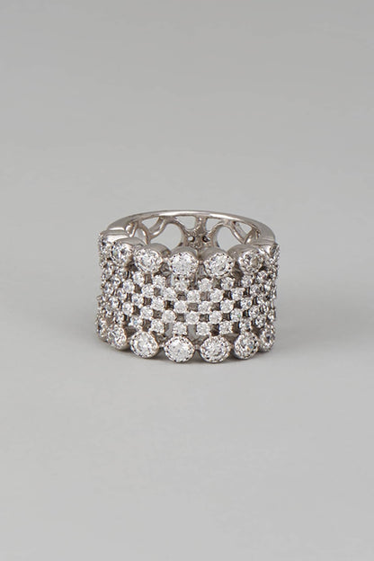 White Finish Swarovski Zircon Mix Cut Ring In Sterling Silver