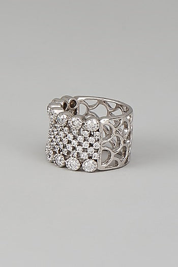 White Finish Swarovski Zircon Mix Cut Ring In Sterling Silver