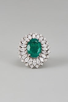 White Finish Swarovski Zircon & Emerald Synthetic Stone Ring In Sterling Silver