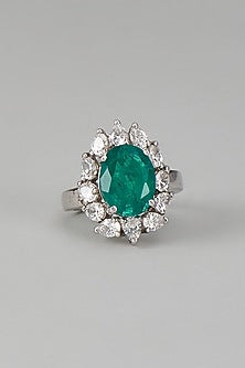 White Finish Swarovski Zircon & Emerald Synthetic Stone Ring In Sterling Silver