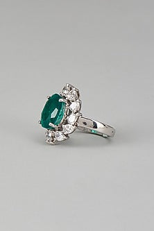 White Finish Swarovski Zircon & Emerald Synthetic Stone Ring In Sterling Silver