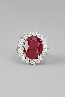 White Finish Swarovski Zircon & Red Synthetic Stone Ring In Sterling Silver