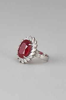White Finish Swarovski Zircon & Red Synthetic Stone Ring In Sterling Silver