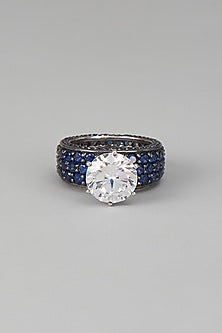 White Finish Blue & White Swarovski Zircon Ring In Sterling Silver