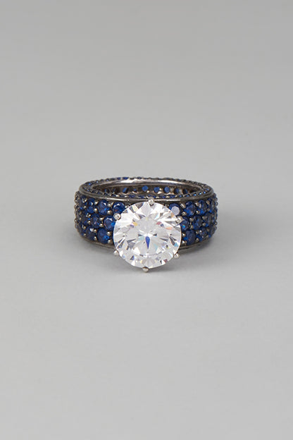White Finish Blue & White Swarovski Zircon Ring In Sterling Silver