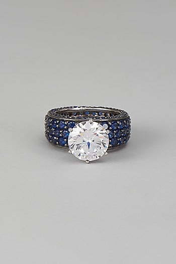 White Finish Blue & White Swarovski Zircon Ring In Sterling Silver