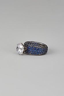 White Finish Blue & White Swarovski Zircon Ring In Sterling Silver