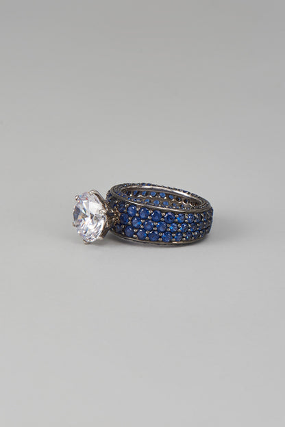 White Finish Blue & White Swarovski Zircon Ring In Sterling Silver