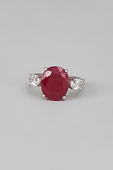 White Finish Swarovski Zircon & Red Synthetic Stone Oval Cut Ring In Sterling Silver