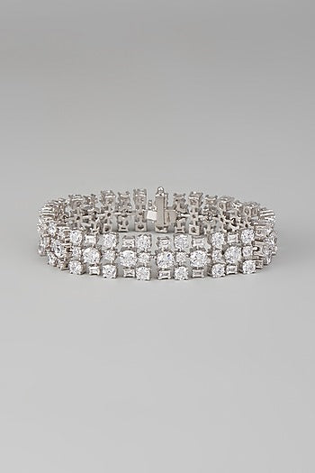 White Finish Swarovski Zircon Round Cut Bracelet In Sterling Silver