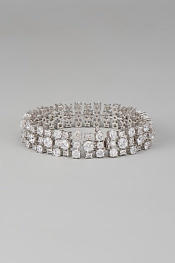 White Finish Swarovski Zircon Round Cut Bracelet In Sterling Silver