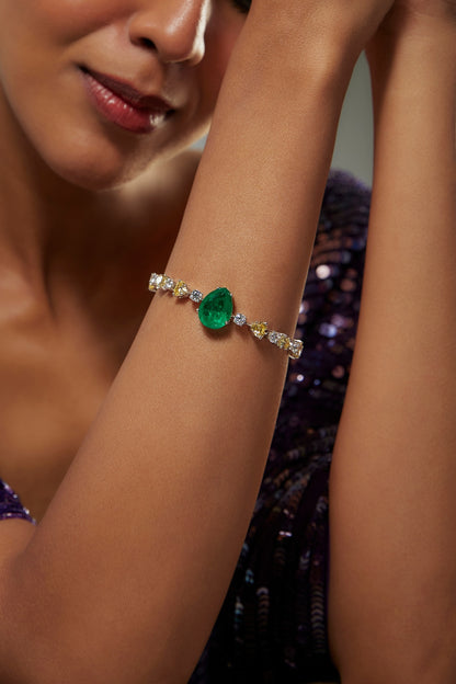 White Finish Swarovski Zircon & Green Synthetic Stone Bracelet In Sterling Silver