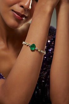 White Finish Swarovski Zircon & Green Synthetic Stone Bracelet In Sterling Silver