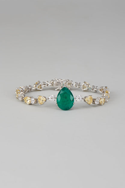 White Finish Swarovski Zircon & Green Synthetic Stone Bracelet In Sterling Silver