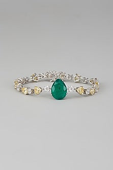 White Finish Swarovski Zircon & Green Synthetic Stone Bracelet In Sterling Silver