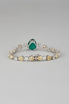 White Finish Swarovski Zircon & Green Synthetic Stone Bracelet In Sterling Silver