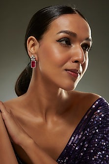 White Finish Swarovski Zircon & Ruby Synthetic Stone Dangler Earrings In Sterling Silver