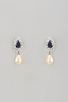 White Finish Swarovski Zircon & Sapphire Synthetic Stone Dangler Earrings In Sterling Silver