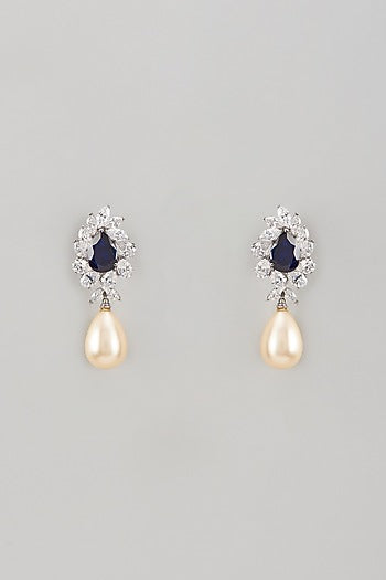 White Finish Swarovski Zircon & Sapphire Synthetic Stone Dangler Earrings In Sterling Silver