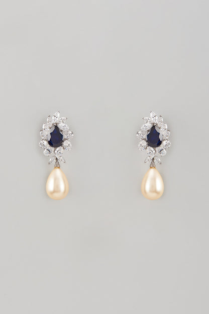White Finish Swarovski Zircon & Sapphire Synthetic Stone Dangler Earrings In Sterling Silver