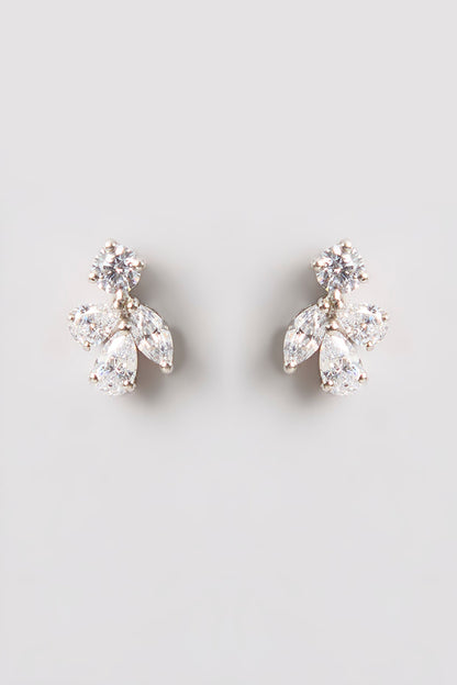 White Finish White Stone Stud Earrings In Sterling Silver