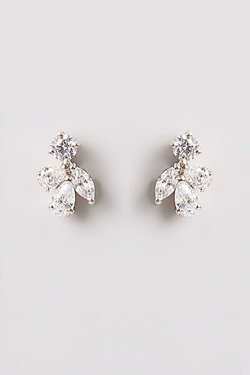 White Finish White Stone Stud Earrings In Sterling Silver