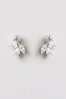 White Finish White Stone Stud Earrings In Sterling Silver