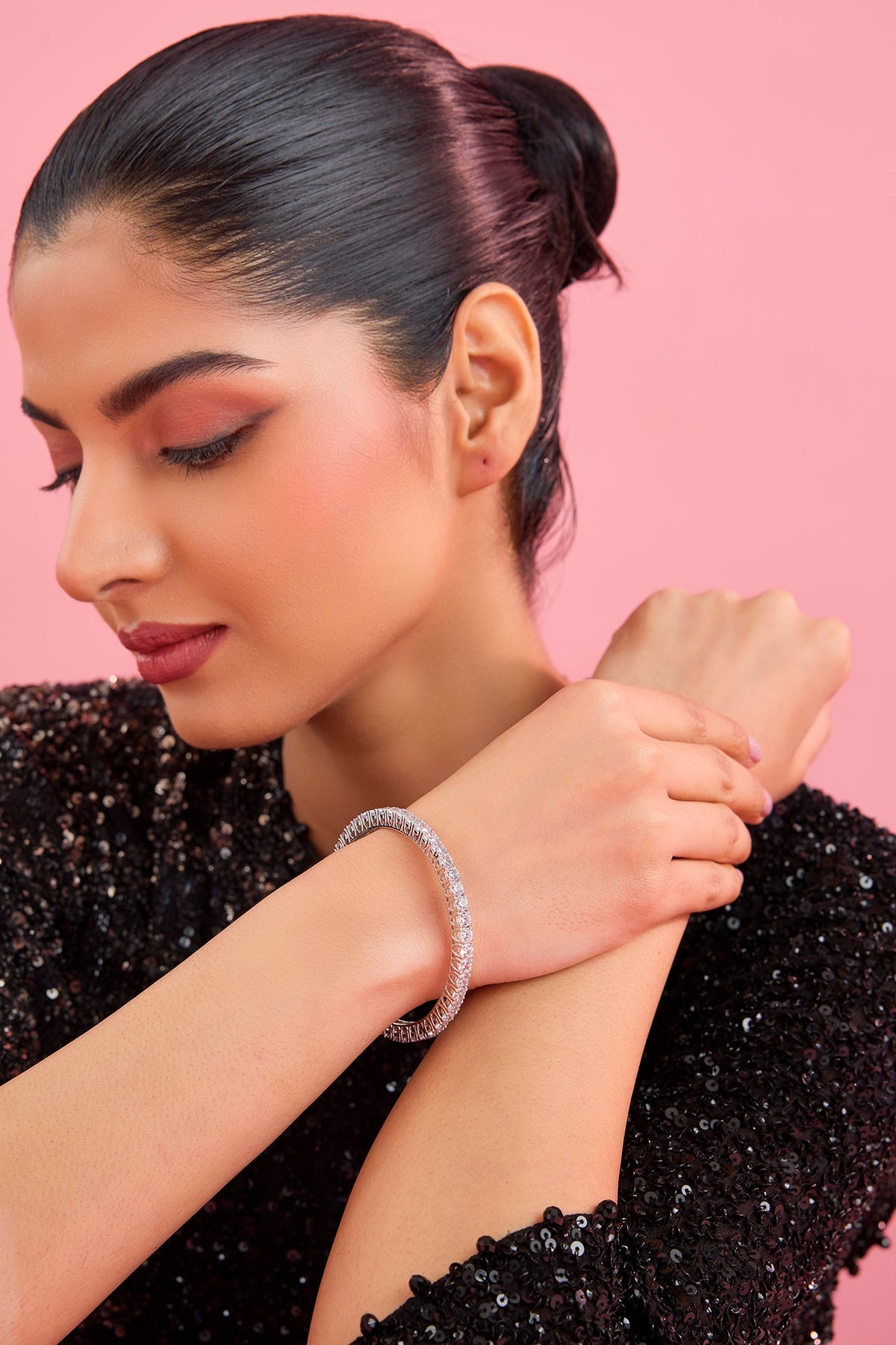 Silver Finish White Stone Bangle In Sterling Silver