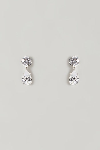 White Finish White Stone Stud Earrings In Sterling Silver
