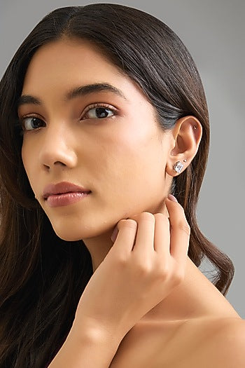 White Finish White Stone Stud Earrings In Sterling Silver
