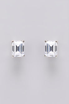 White Finish White Stone Stud Earrings In Sterling Silver