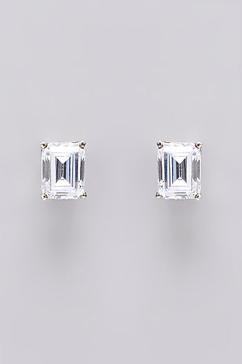 White Finish White Stone Stud Earrings In Sterling Silver