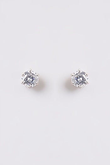 White Finish White Stone Stud Earrings In Sterling Silver