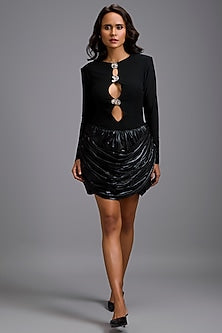 Black Net Metallic Brooch Shimmer Dress