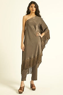 Grey Polyester Co-Ord Set With Fringes