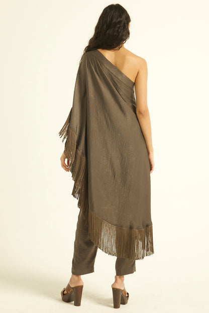 Grey Polyester Co-Ord Set With Fringes